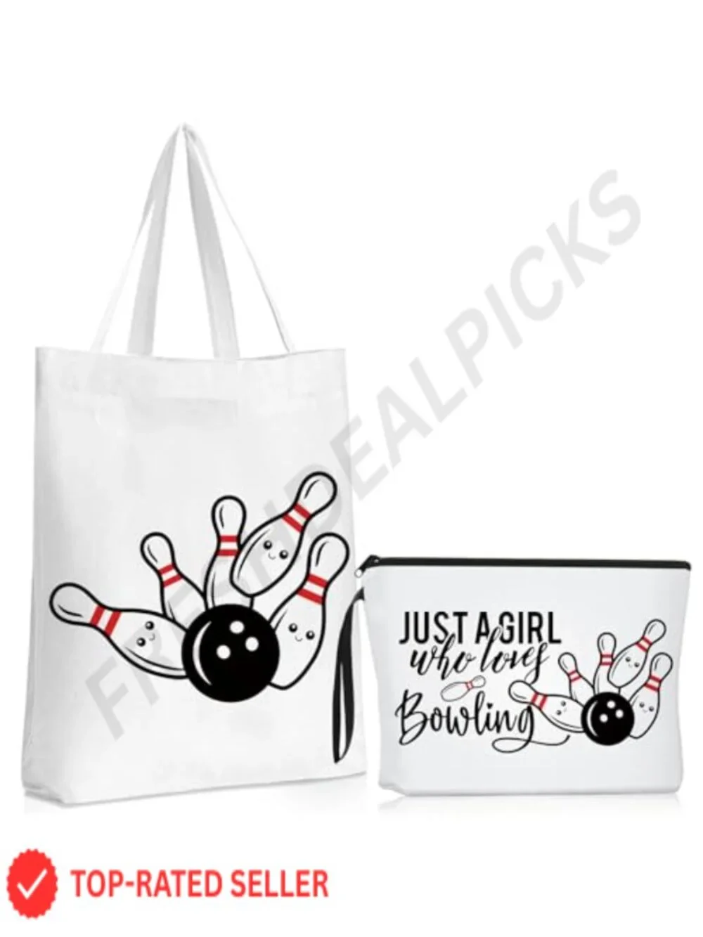 Bowling Gift Set Canvas Tote Bag and Makeup Pouch Cosmetics Organizer for Women